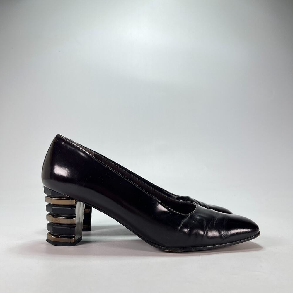 Vintage Stuart Weitzman Black Leather Sculpted Column Heel Pumps Womens Size 7.5